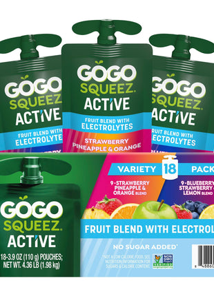 GoGo squeeZ Active Fruit Blend with Electrolytes | 18-Count Variety Pack | Blueberry Strawberry Lemon & Strawberry Pineapple Orange | Made with Real Fruit and Antioxidants Vitamin A, E, & C?