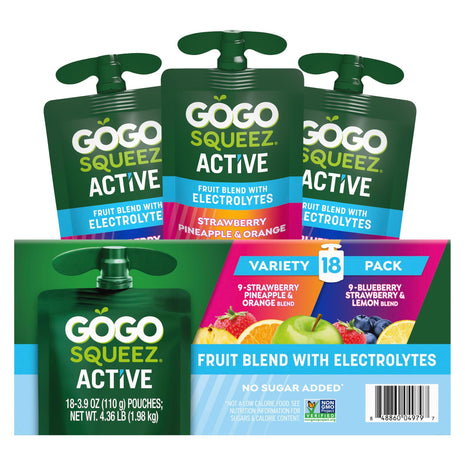 GoGo squeeZ Active Fruit Blend with Electrolytes | 18-Count Variety Pack | Blueberry Strawberry Lemon & Strawberry Pineapple Orange | Made with Real Fruit and Antioxidants Vitamin A, E, & C?