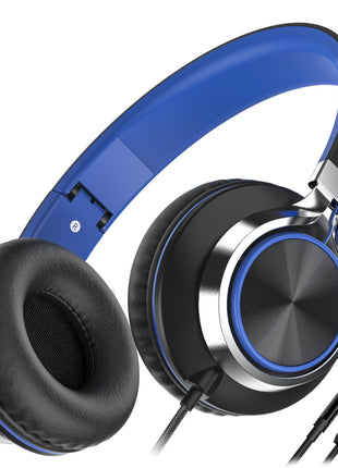 AILIHEN C8 Headphones Wired, On-Ear Kids Headphones with Microphone and Volume Control Foldable Corded Stereo 3.5mm Headset for School Teens Smartphones Chromebook Laptop Tablets Travel (Black Blue)