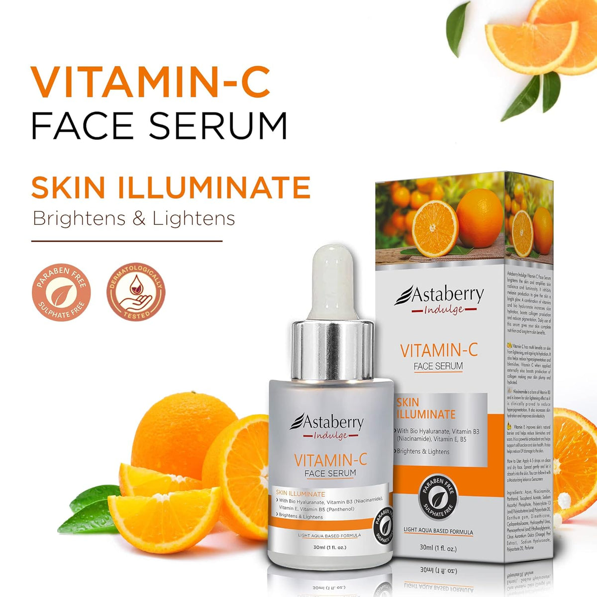 Astaberry Indulge Vitamin C Face Serum for Brighten Skin with Orange Peel Extract | For even skin tone | Hydrates the skin | With Bio Hyaluronate | Vitamin B3 & Vitamin E- Net content -30 ml