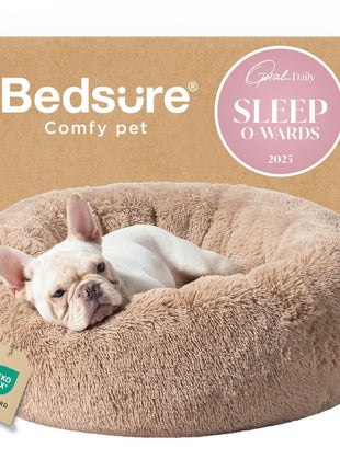 Bedsure Calming Dog Bed Medium Size Dog - Donut Washable Medium Pet Bed, 30 inches Anti-Slip Round Fluffy Plush Faux Fur Cat Bed, Fits up to 45 lbs Pets, Camel