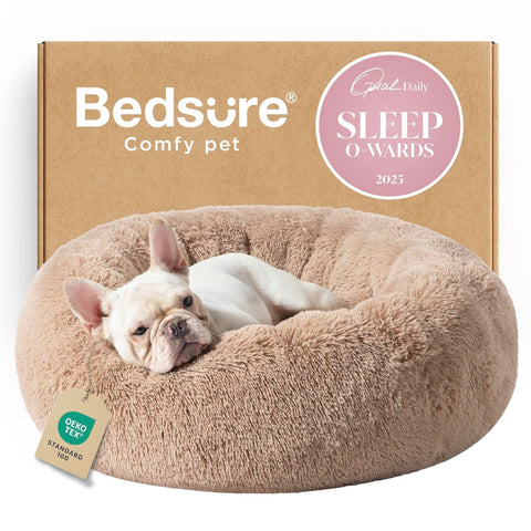 Bedsure Calming Dog Bed Medium Size Dog - Donut Washable Medium Pet Bed, 30 inches Anti-Slip Round Fluffy Plush Faux Fur Cat Bed, Fits up to 45 lbs Pets, Camel