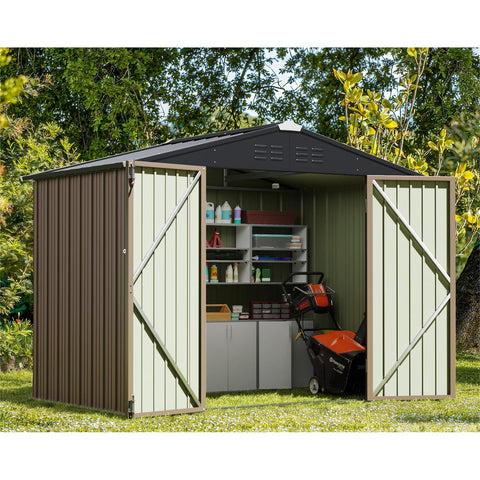 Greesum Outdoor Storage Shed 6 x 8 ft. Utility Tool Shed Metal Storage Garden Shed with Door & Lock for Patio Storage, Brown