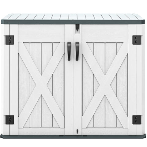 DWVO Outdoor Storage Shed, Weatherproof Resin, 35 Cu Ft Capacity, Horizontal Design, X-Shaped Lockable Door, Suitable for Bike, Garden Tools, Trash Cans, Light Gray