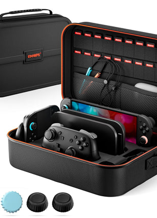 COOWPS Switch 2 Case for Nintendo Switch 2(2025), with 4Pcs Thumb Grips, 20 Game Card Slots, Hard Shell Full Protection All In One Carrying Case for Switch 2 Accessories Pro Controller, Black