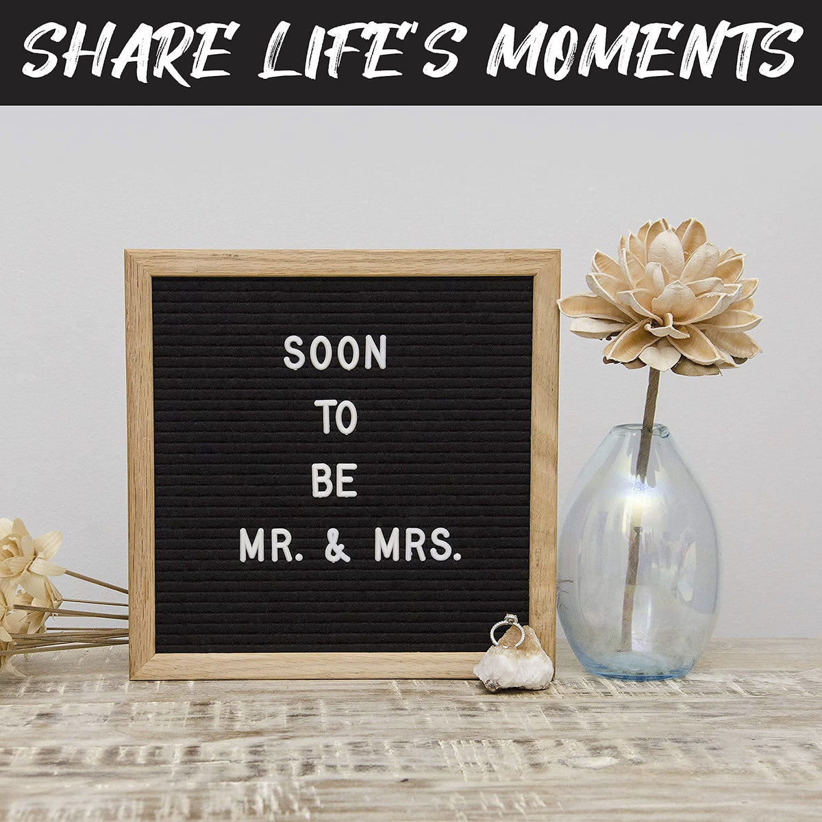 Felt Letter Board, 10x10in Changeable Letter Board with Letters White 300 Piece - Felt Message Board, Oak Frame Wooden Letter Board for Baby Announcements, Milestones, Office Decor & More (Black)