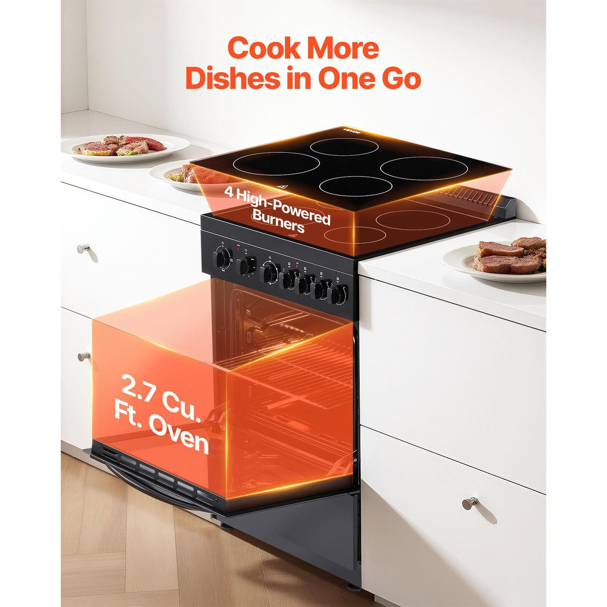 VEVOR 24 in Electric Range Oven, 2.7 Cu. Ft. Capacity Compact Freestanding Oven, Stainless Steel Kitchen Stove, with 4 Burners, Easy Reach Racks, Storage Drawer, Drip Pan, Indicator Light, Black