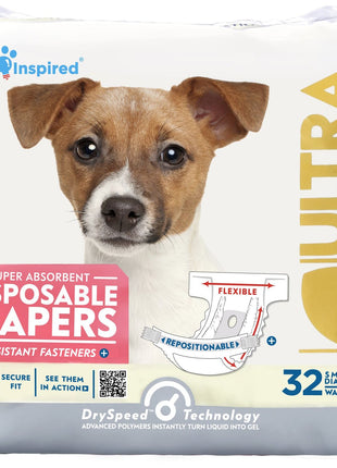 Paw Inspired 32ct Disposable Dog Diapers | Female Dog Diapers Ultra Protection | Diapers for Dogs in Heat, Excitable Urination, or Incontinence (Small)