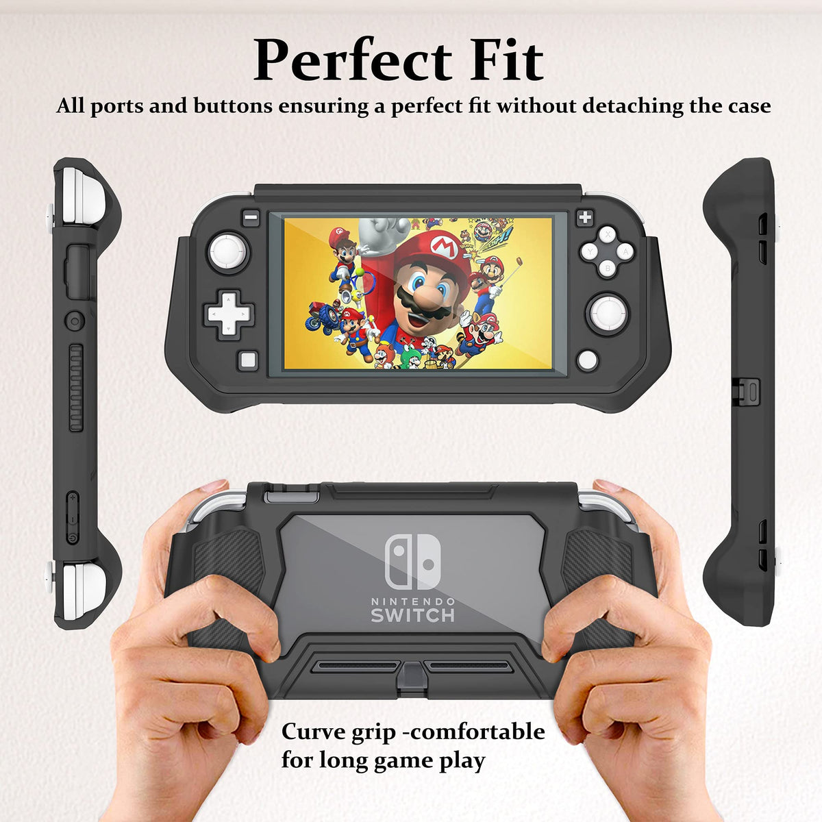 Protective Case for Nintendo Switch Lite, Full Protection Switch Lite Cover, TPU Shock-Absorption and Anti-Scratch for Nintendo Switch with Bult-in Screen Protector & Thumb Grip Caps, Black