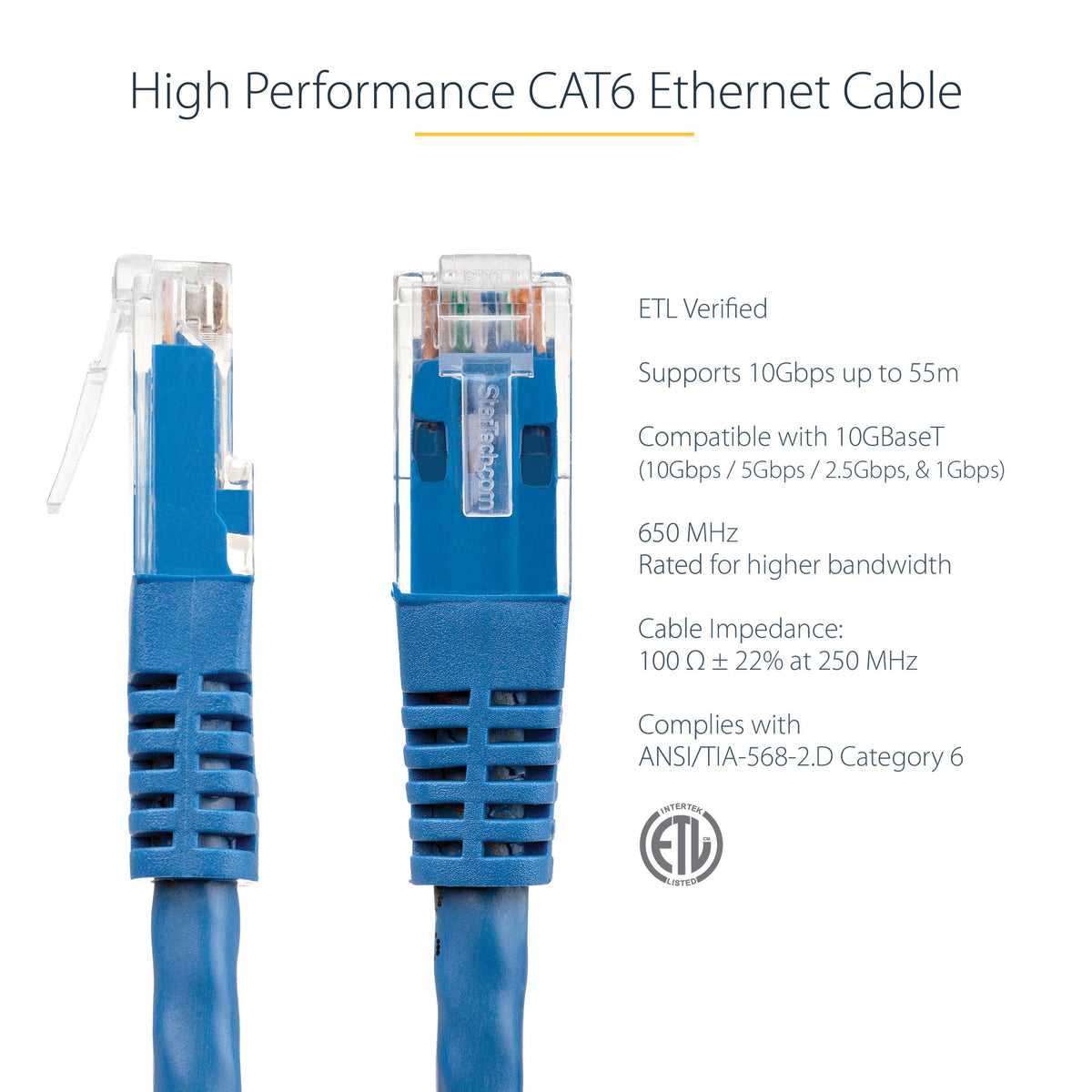StarTech.com 7ft CAT6 Ethernet Cable - Blue CAT 6 Gigabit Ethernet Wire -650MHz 100W PoE RJ45 UTP Molded Network/Patch Cord w/Strain Relief/Fluke Tested/Wiring is UL Certified/TIA (C6PATCH7BL)