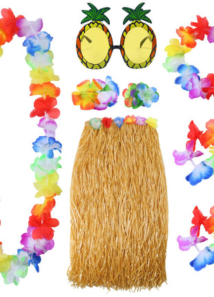 Elcoho 8 Pieces Hawaiian Hula Grass Skirt Sunglasses Leis Necklace Bracelet Set
