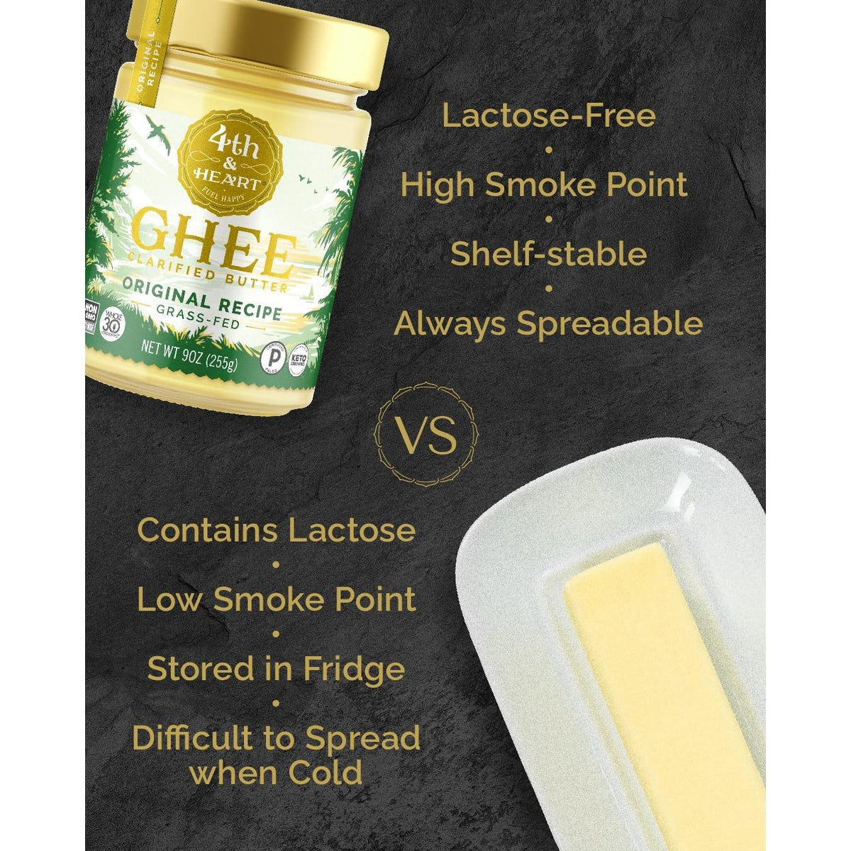 4th & Heart Original Grass-Fed Ghee, Clarified Butter, Keto, Pasture Raised, Lactose and Casein Free, Certified Paleo (9 Ounces)