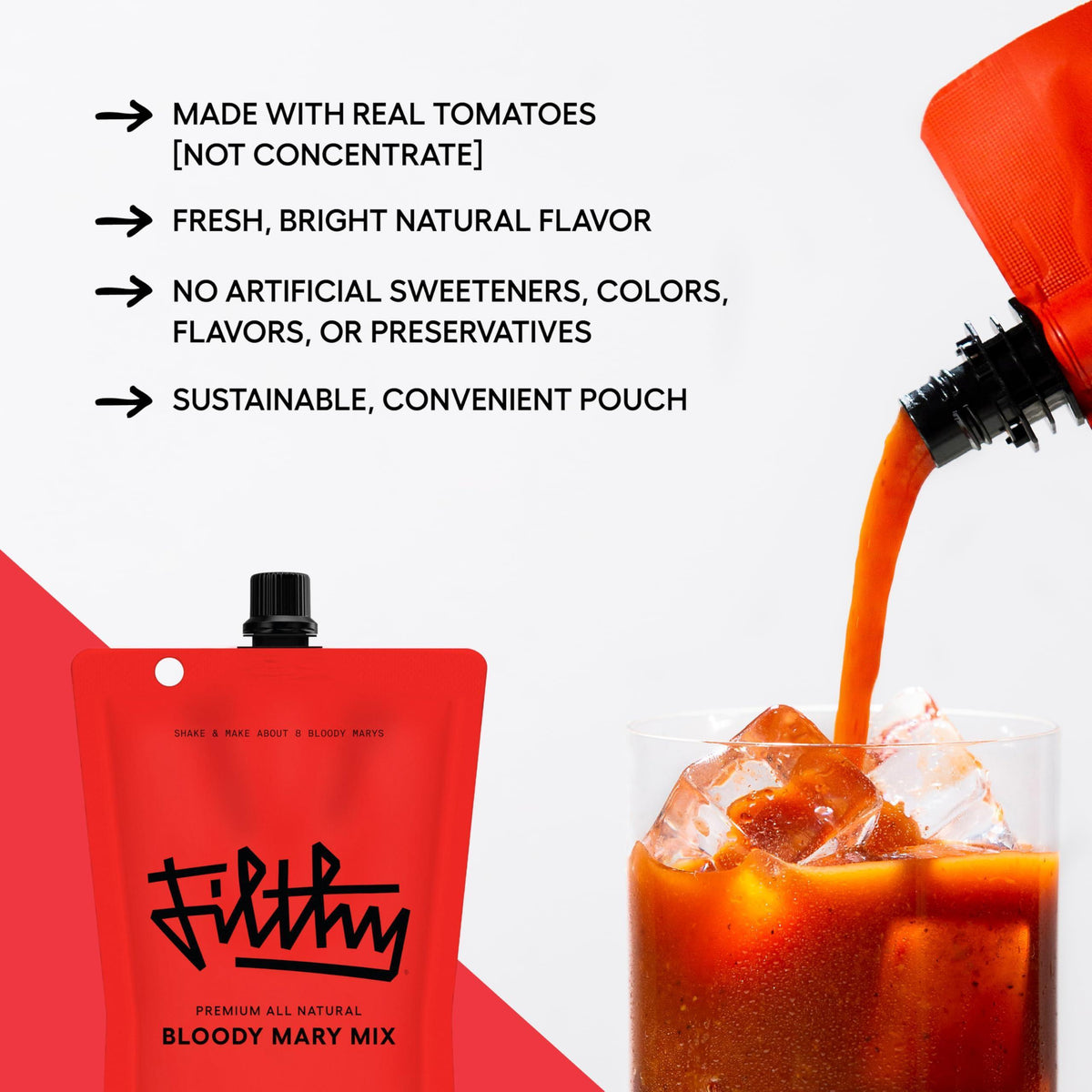 Filthy Bloody Mary Mix, Premium Cocktail Mixer, All-Natural, Non-GMO, Vegan & Gluten-Free, Travel Friendly for Vacation, Brunch, Home Bars and Hosting, Made From Real Tomatoes, 32 Oz Pouch, 2 Pack