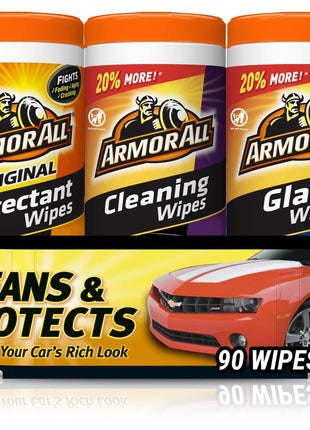 Car Wipes Multi-Pack by Armor All, Cleans Vehicle Interior and Exterior, Includes Armor All Protectant Wipes, Glass Wipes, and Cleaning Wipes, 3-Pack, 30 Car Wipes Each