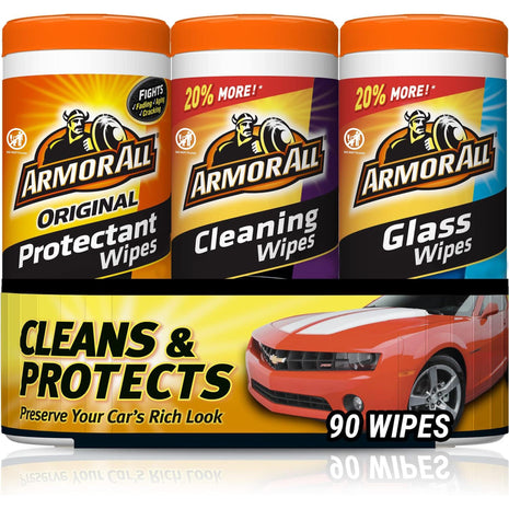 Car Wipes Multi-Pack by Armor All, Cleans Vehicle Interior and Exterior, Includes Armor All Protectant Wipes, Glass Wipes, and Cleaning Wipes, 3-Pack, 30 Car Wipes Each