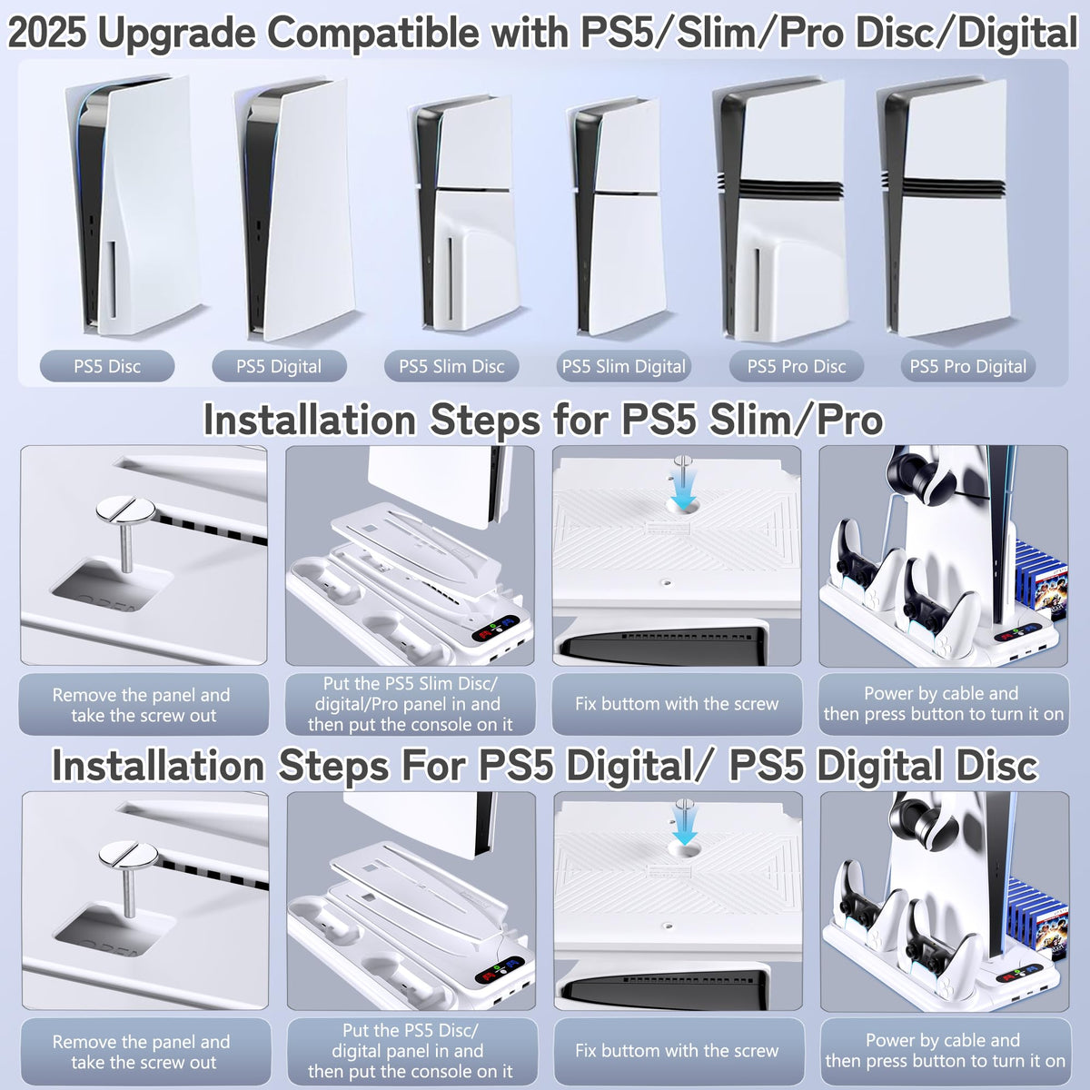 PS5 Cooling Station for PS5/Slim/Pro Disc Digital Console,PS5 Fan Cooling Fan with Dual PS 5 Controller Charger,3 Level Fan, RGB Light,12 Slot, PS5/Slim/Pro Stand for PlayStation 5 Console Accessories