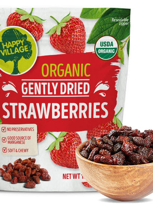 Happy Village Organic Whole Dried Strawberries, 18 OZ Resealable Pack- Soft & Juicy, Kosher, Non-GMO, No Refined Sugar, Apple Juice Infused Dried Strawberry