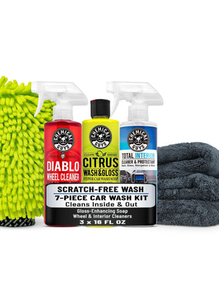 Chemical Guys Car Cleaning Kit - With Car Wash Soap, Wheel Cleaner, Total Interior, Car Wash Mitt - Interior and Exterior Wash Kit With Vehicle Cleaning and Detailing Accessories - 7 Item Kit