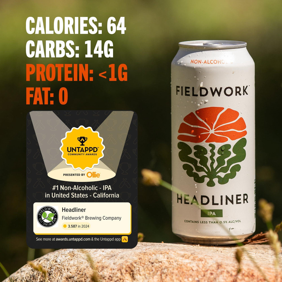 Fieldwork Non-Alcoholic Craft Beer 16 Fl Oz, Award-Winning Taste, Headliner IPA, Vegan, Low-Calorie, 4-Pack Cans