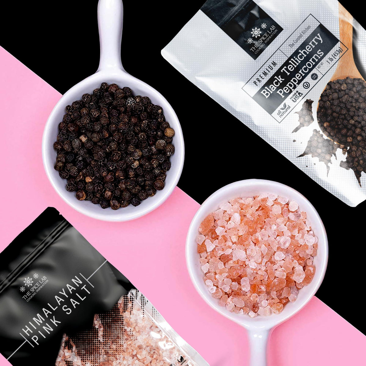 The Spice Lab Pink Himalayan Salt and Pepper Combination Gift Pack (Coarse Salt + Peppercorn Bags)