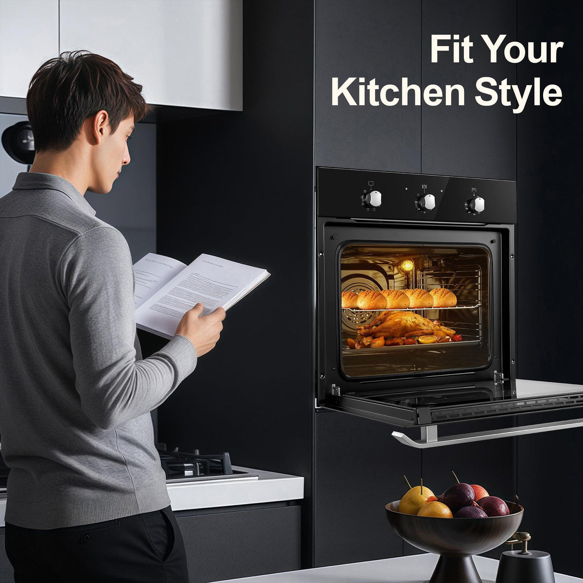 Wall Ovens 24 inch Electric,Built-in Single Wall Ovens, Convection Wall Oven with Rotisserie, 8 Cooking Functions,2900W,240V,2.15Cu.f Mechanical Knobs Control, Black Tempered Glass Finish