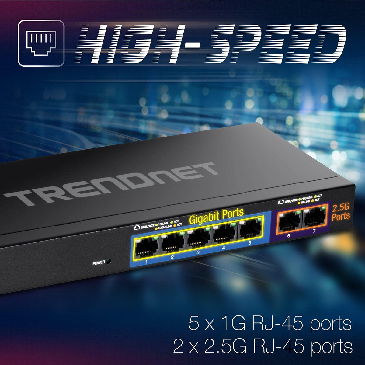 TRENDnet 7-Port Multi-Gig Gaming Switch, TEG-S327, 5 x 1G RJ-45 Base-T Ports, 2 x 2.5G RJ-45 Ports, 20Gbps Switching Capacity, Wall Mountable, Plug & Play, Lifetime Protection, Black