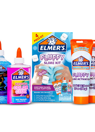 Elmer's Fluffy Slime Kit, Includes Translucent Color Glue, Glitter Glue, Fluffy Slime Activator, 4 Count - Perfect for Birthday Parties, Summer Fun, Creative Kids Activity