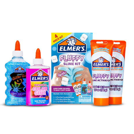Elmer's Fluffy Slime Kit, Includes Translucent Color Glue, Glitter Glue, Fluffy Slime Activator, 4 Count - Perfect for Birthday Parties, Summer Fun, Creative Kids Activity