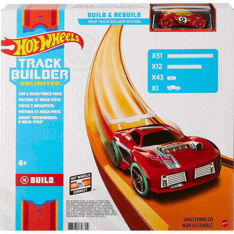 Hot Wheels Toy Car Mega Track Set Pack, 87 Component Building Parts for 40-ft of Track & 1:64 Scale Vehicle (Amazon Exclusive)