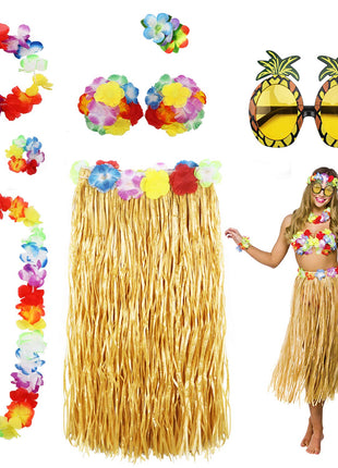 PHOGARY 8 Pack Hula Skirt Costume Kit for Hawaii Luau Party - Dancing Hula with Flower Bikini Top, Hawaiian Lei