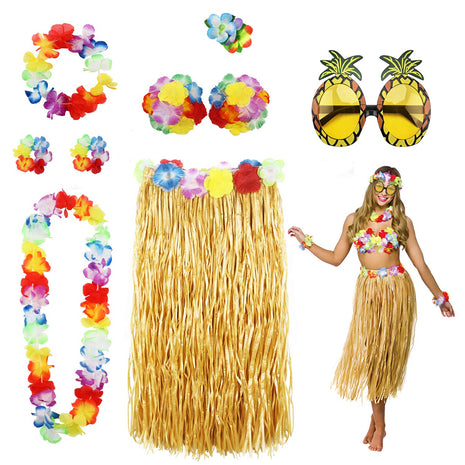 PHOGARY 8 Pack Hula Skirt Costume Kit for Hawaii Luau Party - Dancing Hula with Flower Bikini Top, Hawaiian Lei