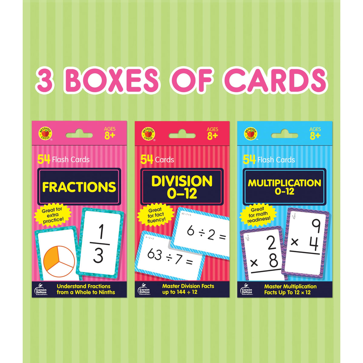 Carson Dellosa Division, Fractions, and Multiplication Flash Cards, 3 Sets of Flashcards, Math Games for Kids 8-12, 3rd Grade Mathematics Practice and Up