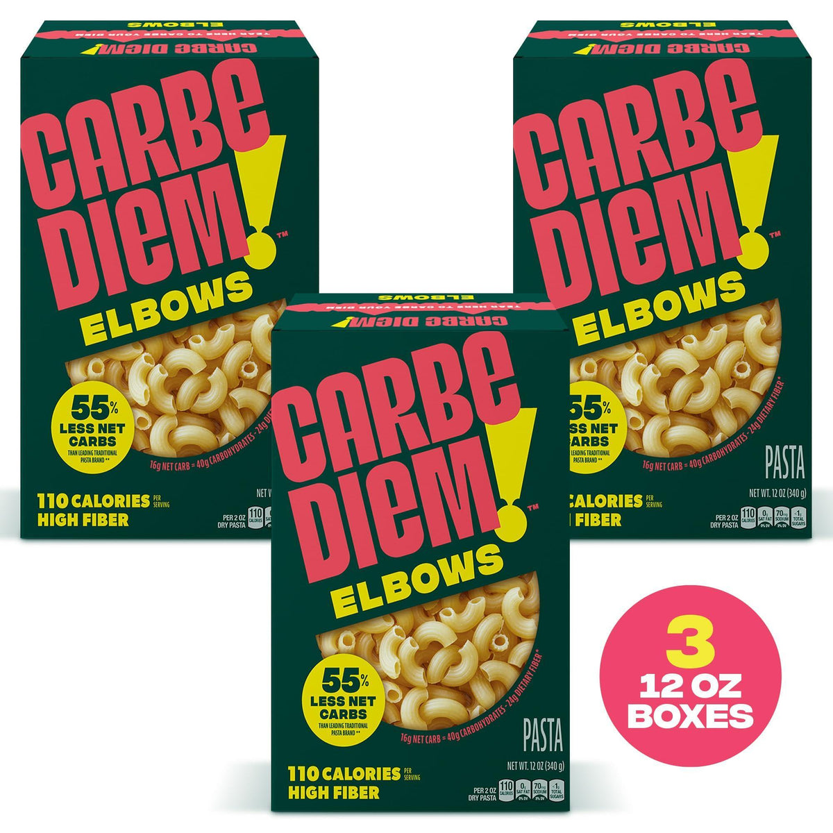 Carbe Diem!, Elbows, Lower Net Carb Pasta with Traditional Flavor & Texture, 55% Fewer Net Carbs & Only 110 Calories Per Serving, Pack of 3