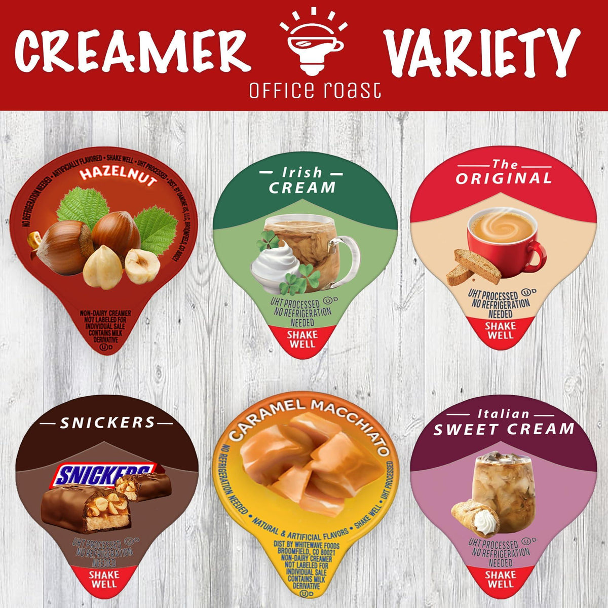 Office Roast Variety Pack Creamers Liquid Creamer Singles | Gift Assortment Box | Coffee Cream | Snickers, Italian Sweet, Original, Hazelnut, Irish & Caramel Macchiato - No Refrigeration - Box Of 30