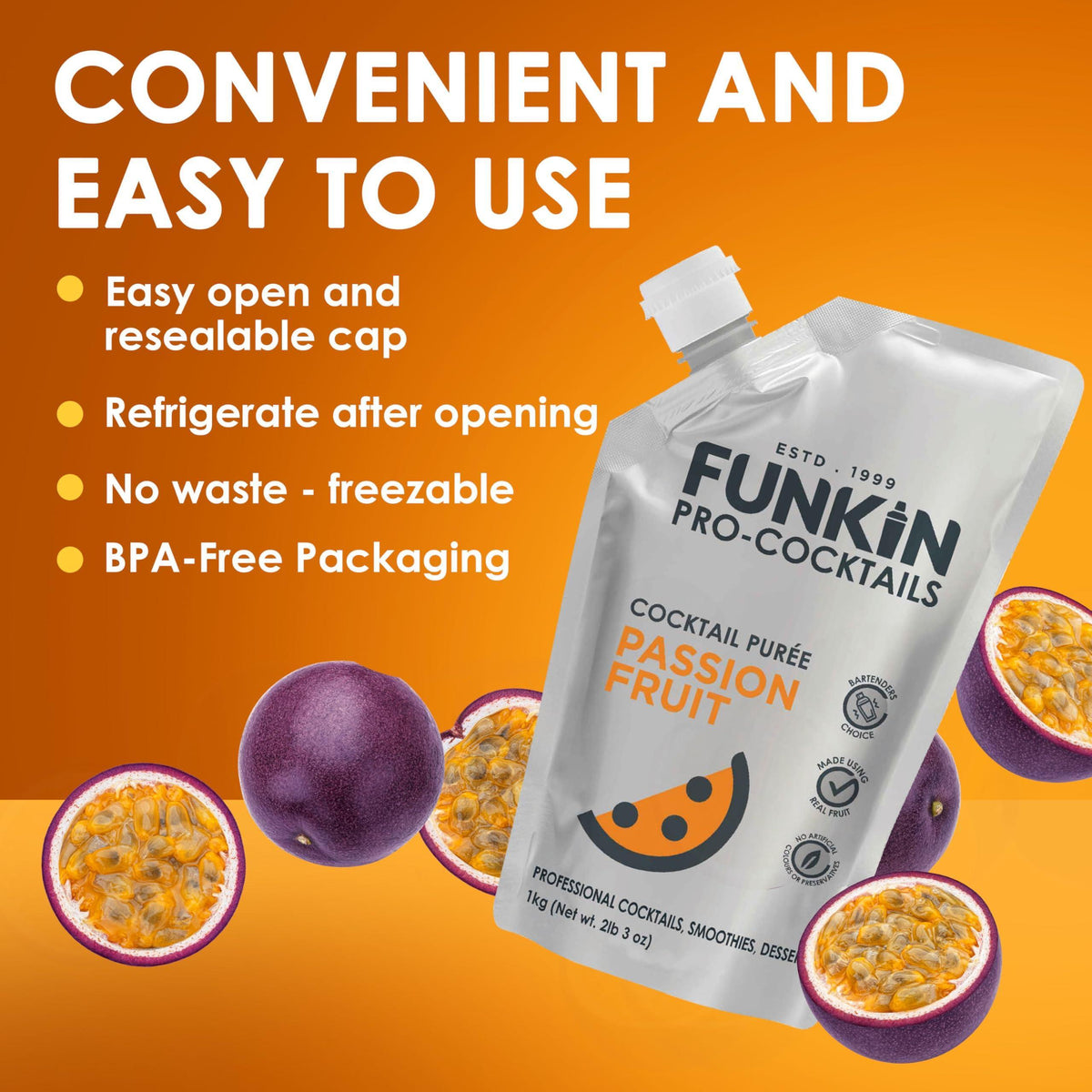 Funkin Passion Fruit Puree | Real Fruit, Two Ingredient, Natural Mixer for Cocktails, Drinks, Smoothies | Vegan, Non-GMO, Gluten-Free (2.2 lbs)
