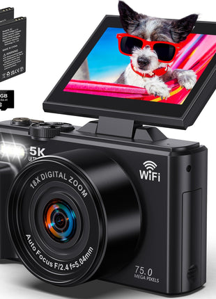 5K Digital Camera for Photography - WiFi 75MP Vlogging Cameras for YouTube - UHD Autofocus Video Camera 3" 180° Flip Screen with 18X Zoom - Compact Vlog Travel Camara with 32GB SD Card, 2 Batteries