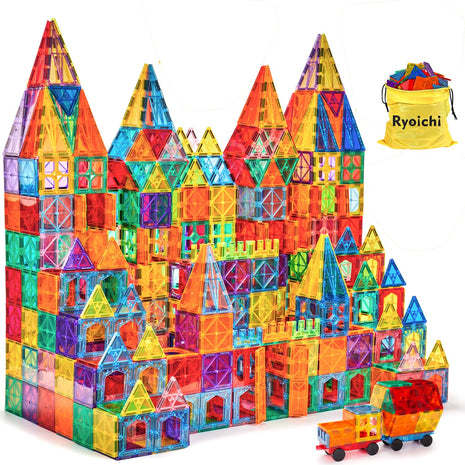 Ryoichi 138PCS Magnetic Tiles Set with 2 Cars, STEM Educational Construction Building Blocks & Montessori Learning Toys for Kids Ages 3-9+ Years