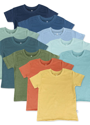 HonestBaby 10-Pack Short Sleeve T-Shirts 100% Organic Cotton Baby, Toddler, Little Kids, Boys, Girls, Unisex, Rainbow Gems Blues, 3T