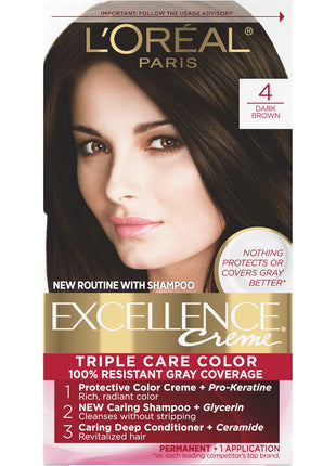 L'Oreal Paris Excellence Crème Permanent Hair Dye, Triple Care Hair Color with Hyaluronic Acid for 100% Gray Coverage, 4 Dark Brown, 1 Kit (Packaging May Vary)