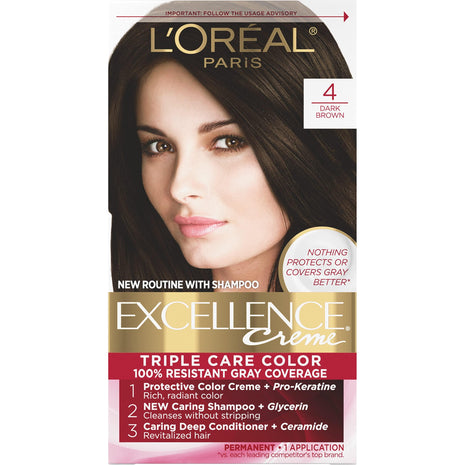 L'Oreal Paris Excellence Crème Permanent Hair Dye, Triple Care Hair Color with Hyaluronic Acid for 100% Gray Coverage, 4 Dark Brown, 1 Kit (Packaging May Vary)