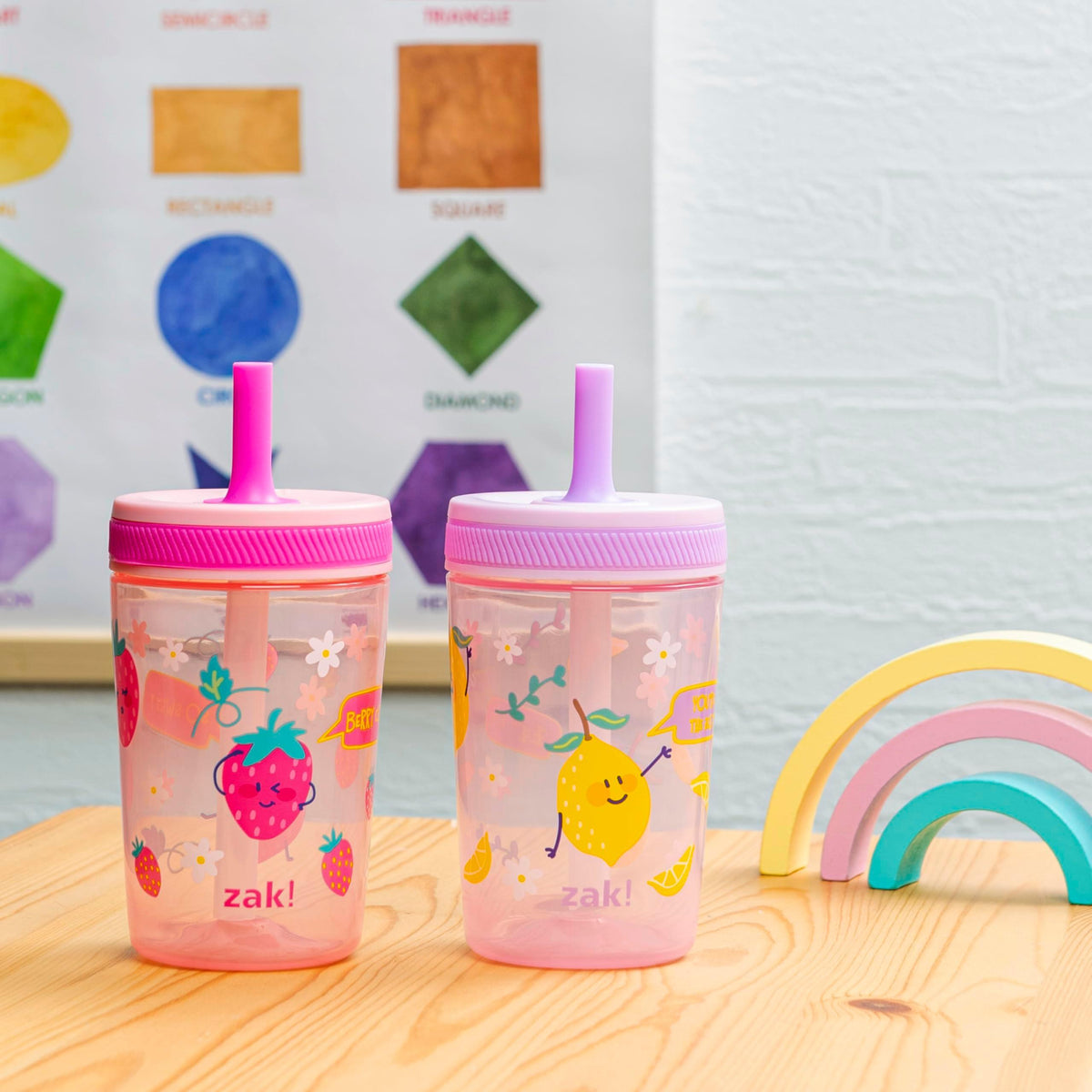 Zak Designs Kelso Toddler Cups For Travel or At Home, 15oz 2-Pack Durable Plastic Sippy Cups With Leak-Proof Design is Perfect For Kids (Sweet Berry, Lemon Zest)
