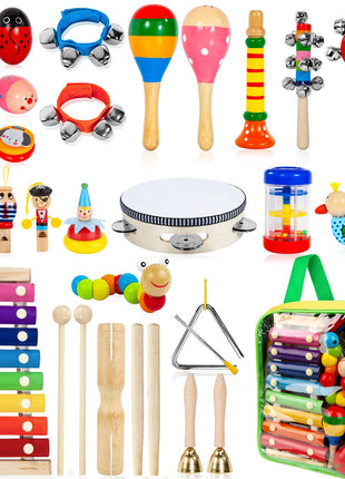 Kids Musical Instruments, 33Pcs 18 Types Wooden Percussion Instruments Tambourine Xylophone Toys for Kids Children, Preschool Education Early Learning Musical Toy for Boys and Girls