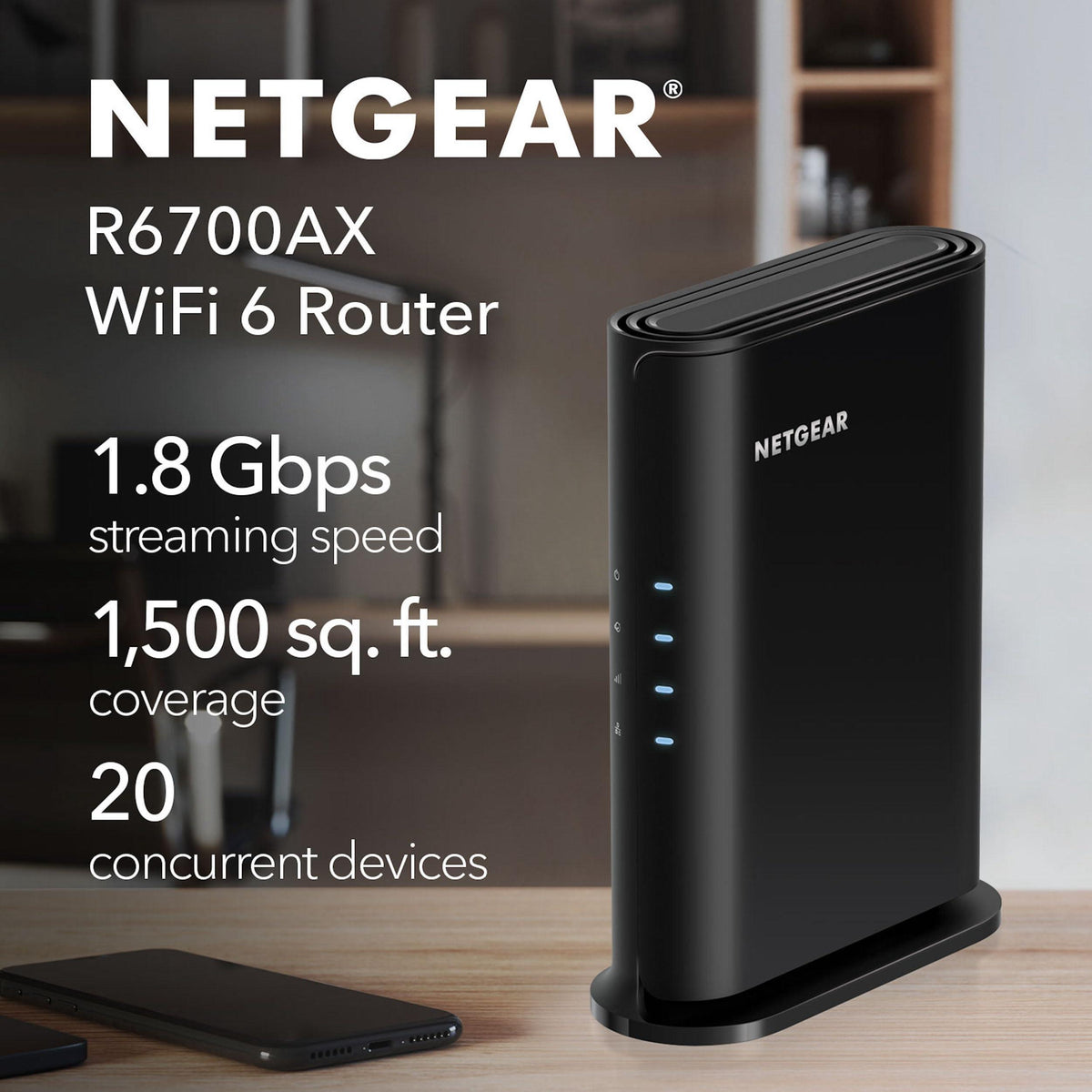 NETGEAR WiFi 6 Router (R6700AXv3) – Security Features, AX1800 Wireless Speed (Up to 1.8 Gbps) - Covers up to 1,500 sq. ft., 20 Devices