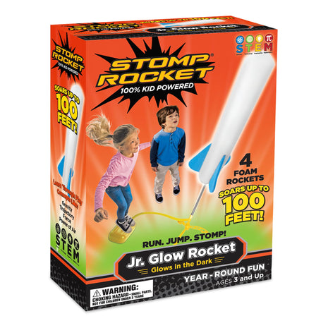 Stomp Rocket Jr Glow Rocket Launcher for Kids, 4 Rockets - Glow in The Dark | Fun Outdoor Toys for Boys & Girls, Ages 3 & Up - Soft Foam Blaster Set Soars Up to 100ft - STEM Toys for Outside & Backyard