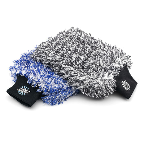 The Rag Company - The Cyclone Ultra Wash Mitts - 70/30 'Gauntlet' Blend Korean Microfiber, Foam Padding, Scratch-Free, Lint-Free, Great for Rinseless Washing, 8in x 9in, Blue + Black (2-Pack)