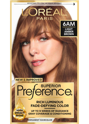 L'Oreal Paris Superior Preference Luminous Fade-Defying Permanent Hair Color, Hair Dye For Up to 9 Weeks of Radiance, Light Amber Brown 6AM, 1 Hair Dye Kit