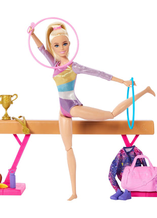 Barbie Gymnastics Doll & Accessories Playset | Blonde Fashion Doll, C-Clip for Flipping Action, Balance Beam, Warm-Up Suit & More