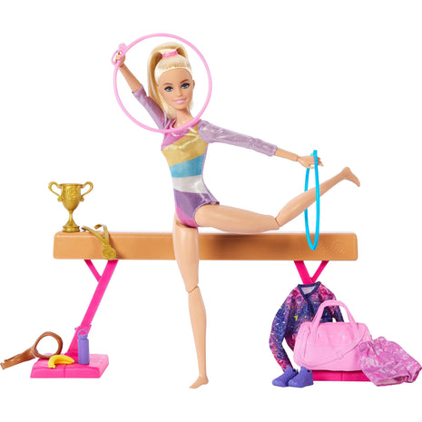 Barbie Gymnastics Doll & Accessories Playset | Blonde Fashion Doll, C-Clip for Flipping Action, Balance Beam, Warm-Up Suit & More