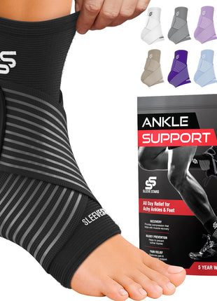Sleeve Stars Ankle Brace for Women & Men, Ankle Wrap for Sprain, Compression Sleeve for Plantar Fasciitis Relief, Easy Customizable Support: w/ Removable Strap (Single/M:10"-12"/Black)