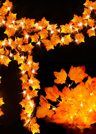 Fall Decor 2 Pack Lighted Fall Garland, Total 16.4ft 40 LED Thanksgiving Decorations Halloween String Lights, Friendsgiving Gift Thanksgiving Decor for Home Holiday Autumn Garland Indoor